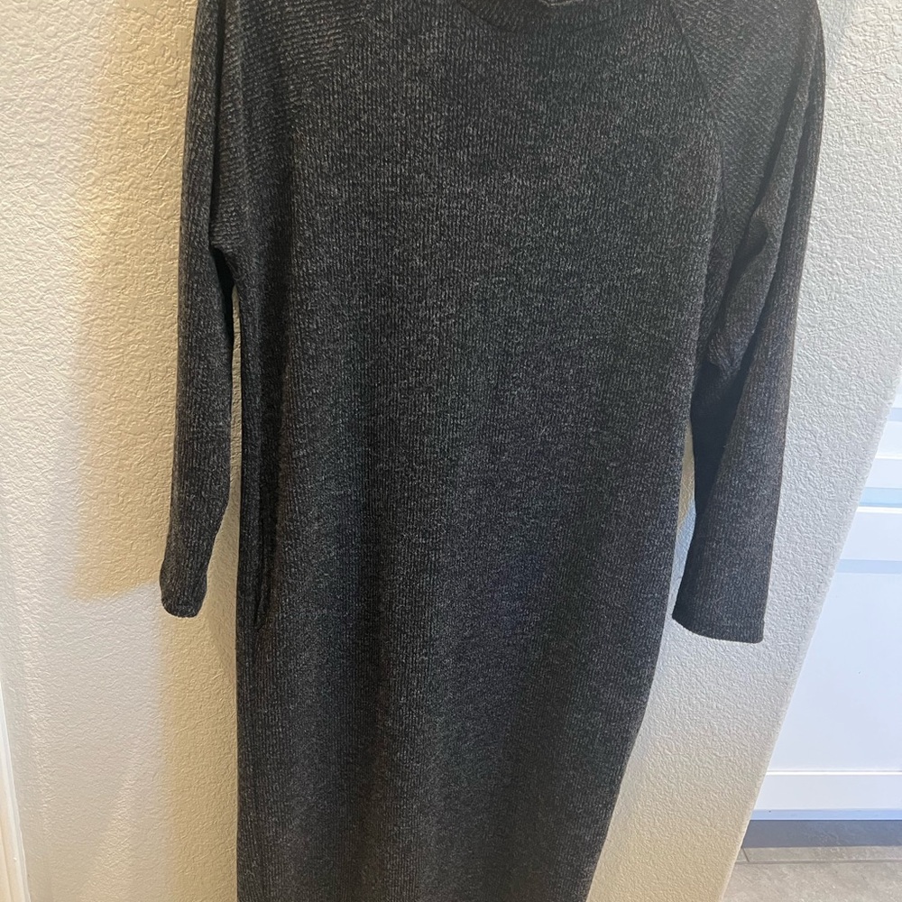 Lush Charcoal Knit Midi Dress with Pockets and Mock Turtleneck